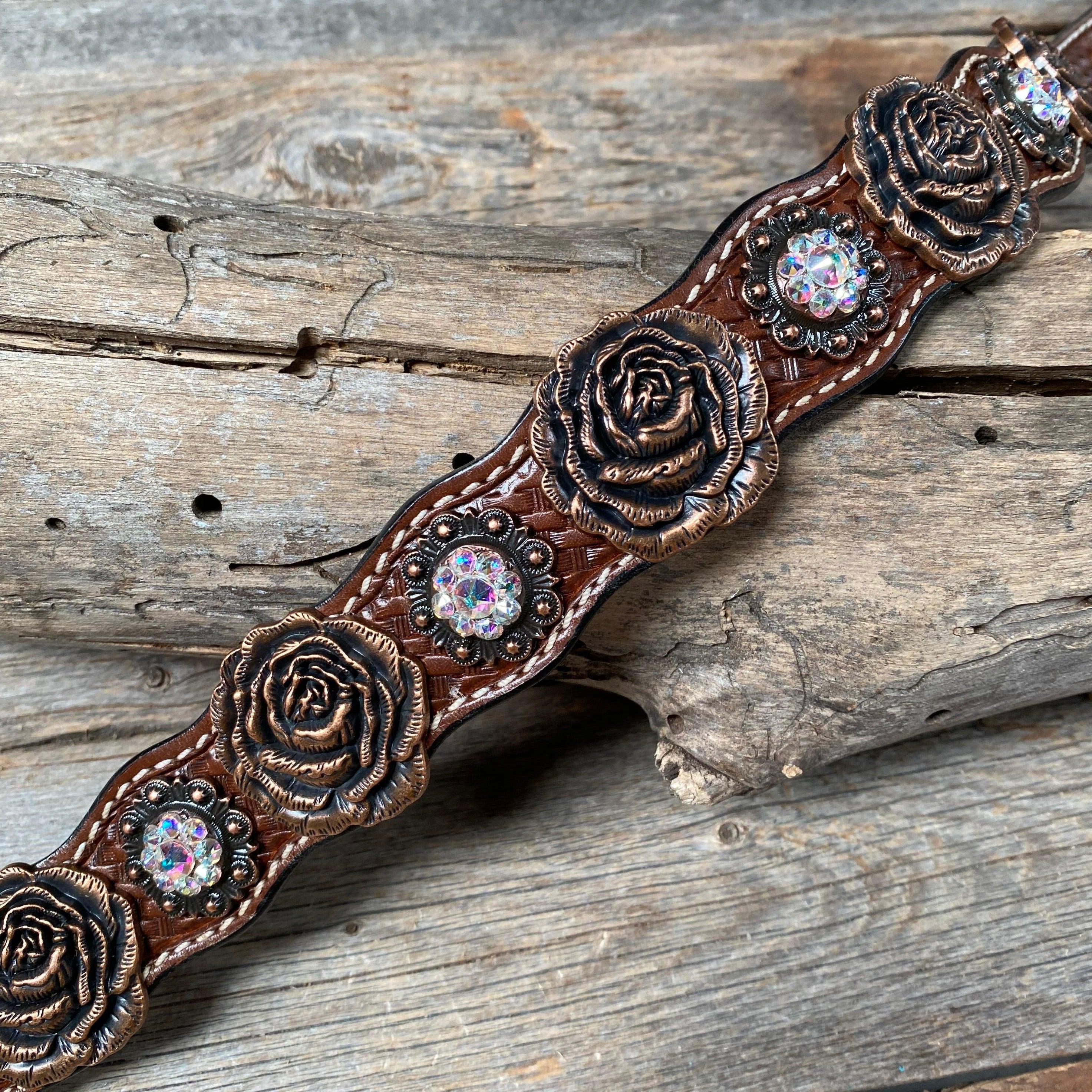 DC30 Genuine Leather Copper Rose Dog Collar With Clear European Crystals — view 3