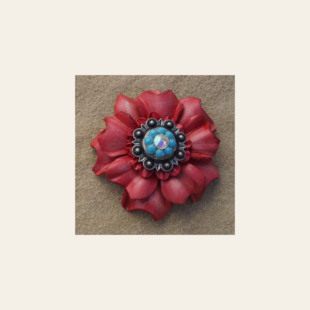 Pink Carnation Flower With Antique Silver Turquoise and AB 1" Concho on a warm cream background