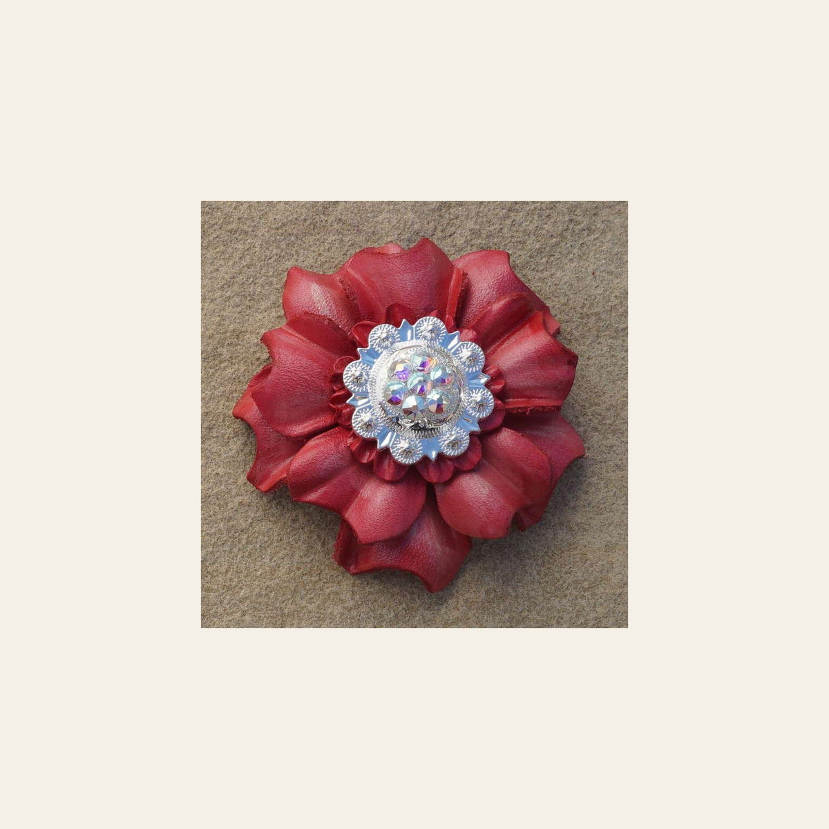 Pink Carnation Flower With Bright Silver AB 1" Concho on a warm cream background