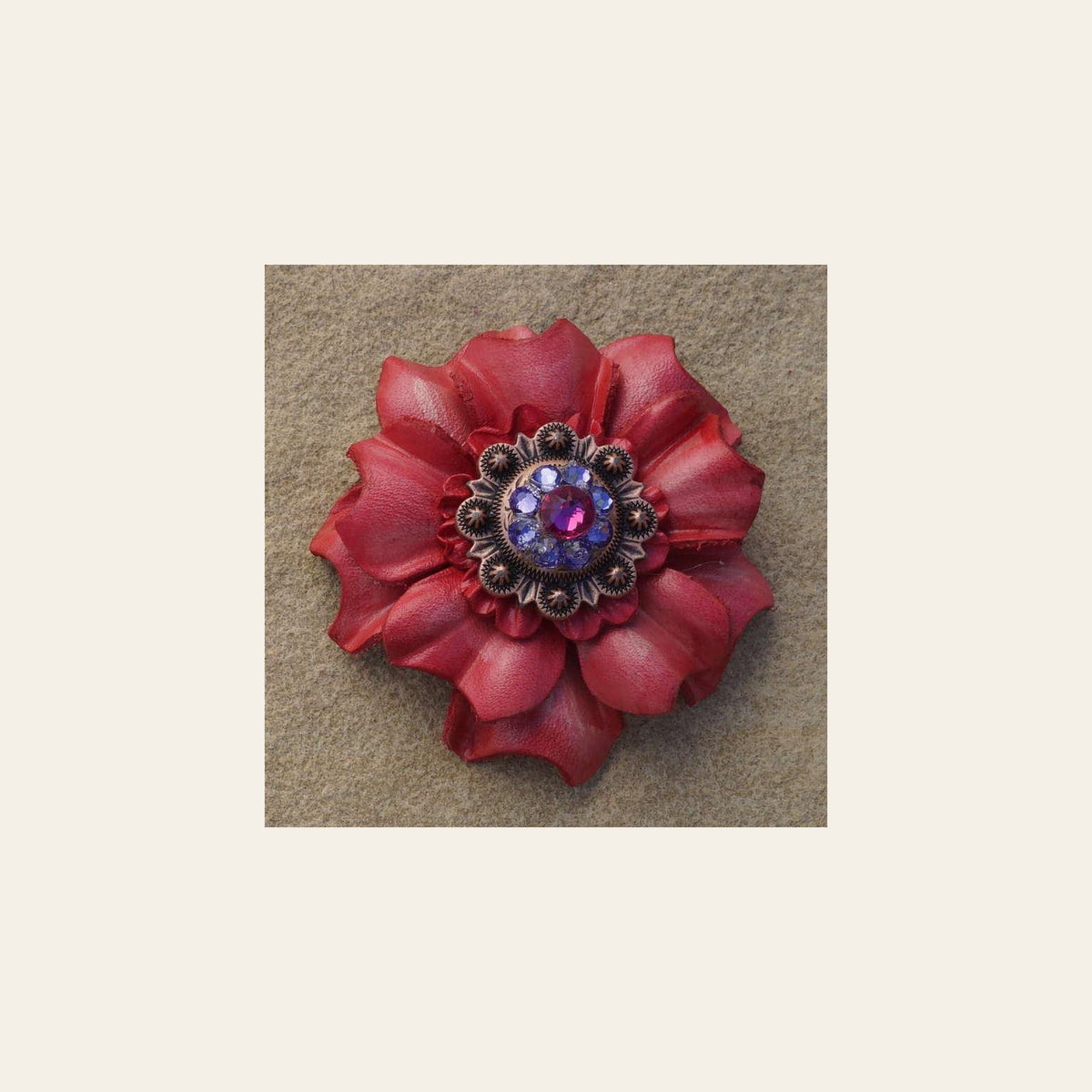 Pink Carnation Flower With Copper Fuchsia and Lilac 1" Concho on a warm cream background