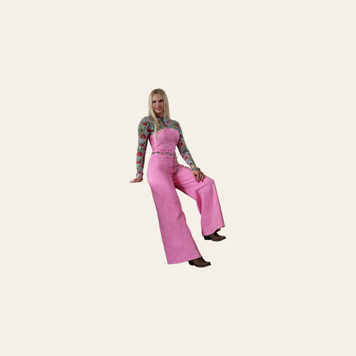 Pink Crush Denim | Jumpsuit on a warm cream background
