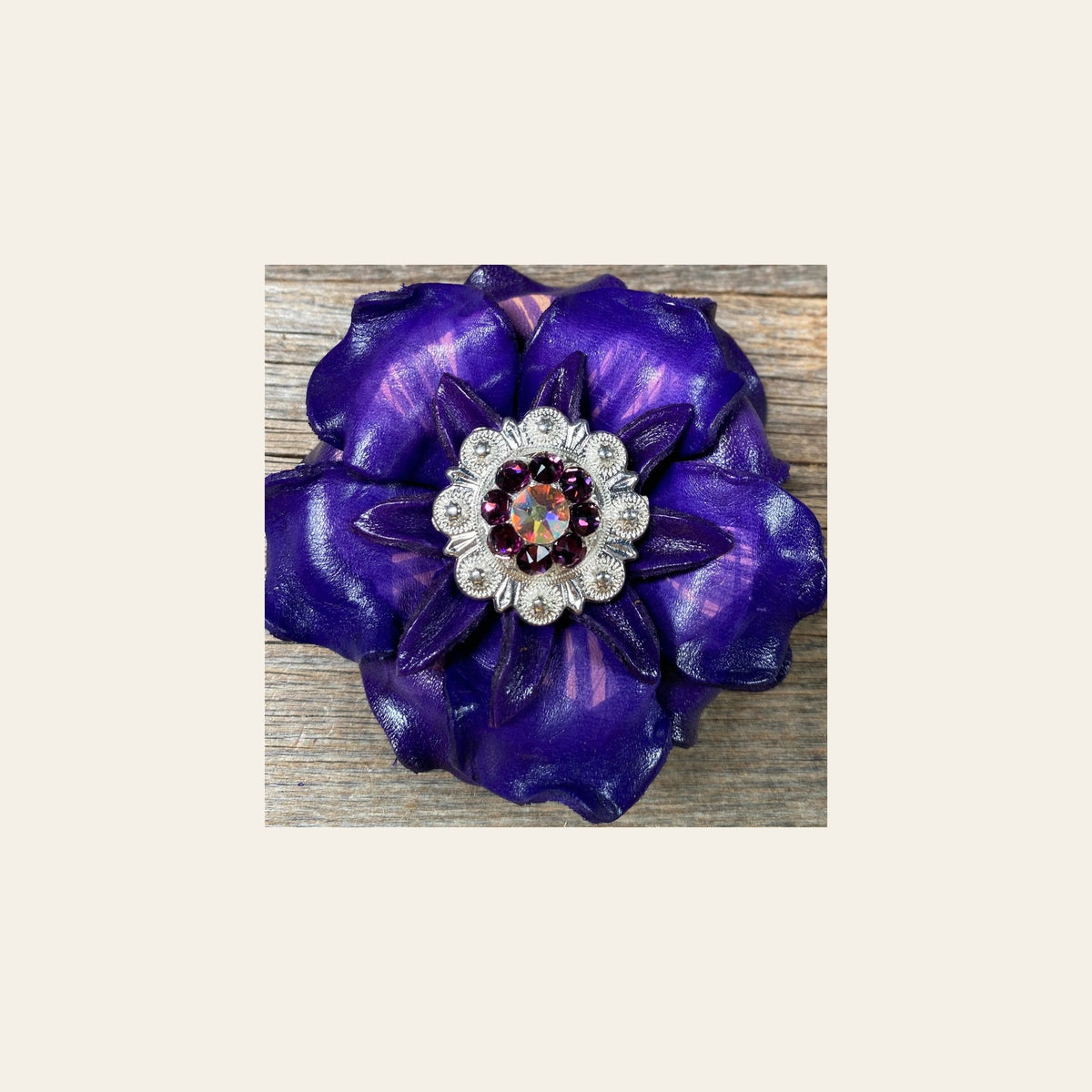 Purple Gardenia Flower With Bright Silver Amethyst & AB 1" Concho on a warm cream background