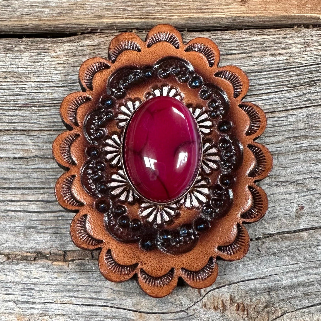 Fuchsia Cabochon Stone - Leather Rosette Options — view 2