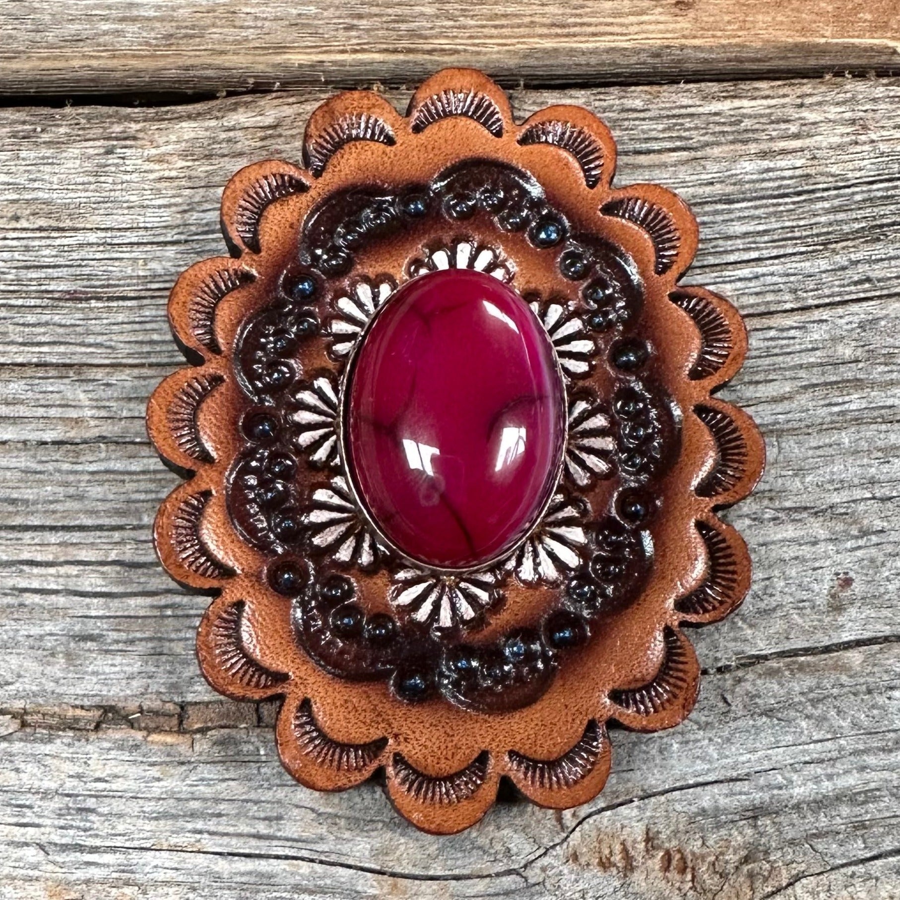 Fuchsia Cabochon Stone - Leather Rosette Options — view 2