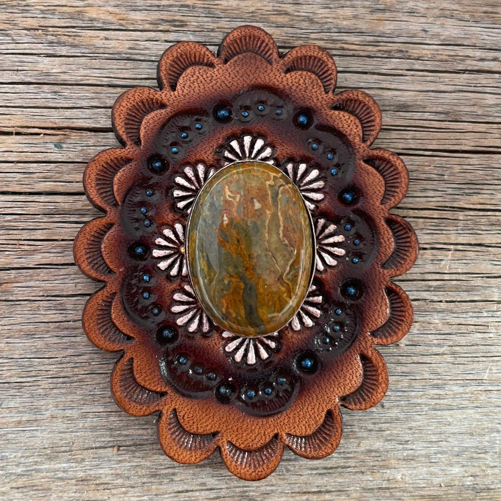 Leather Rosette with Sage Cabochon Western Concho R102CABSG