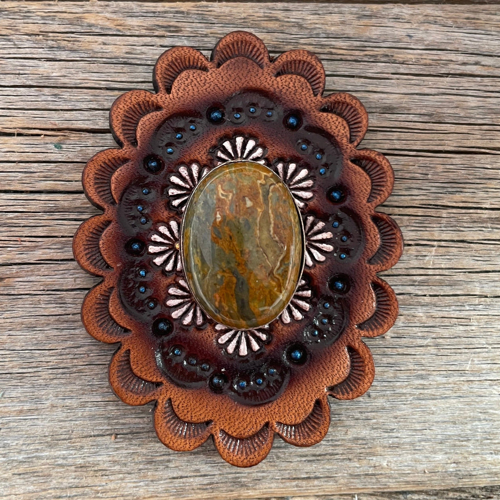 Sage Cabochon Stone - Leather Rosette Options - — view 2