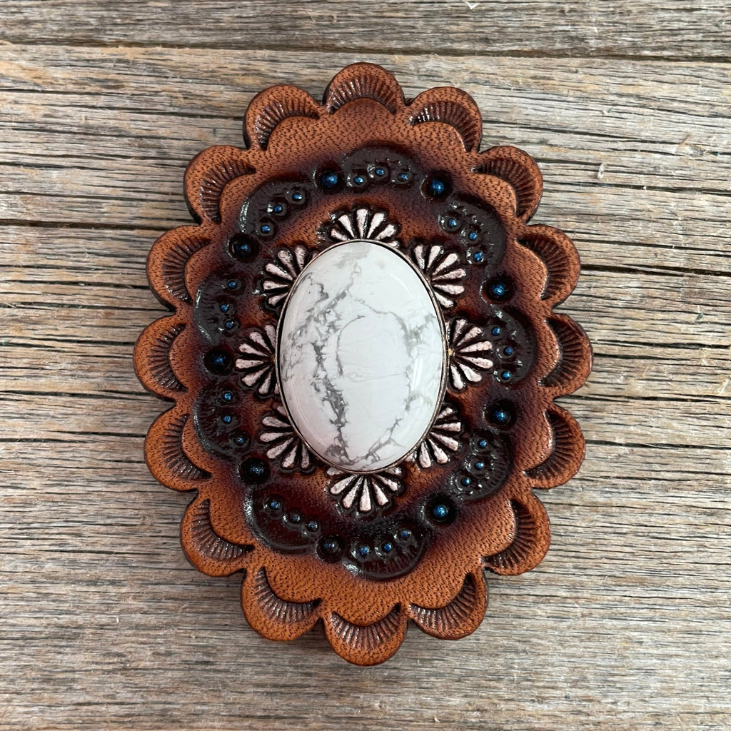 White Cabochon Stone - Leather Rosette Options - — view 2