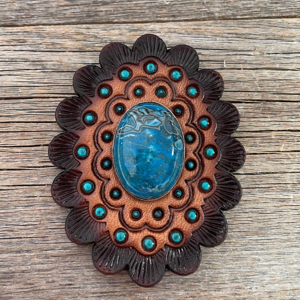 Leather Rosette Dark Oil Edges with Blue Cabochon Western Concho R104CABBL