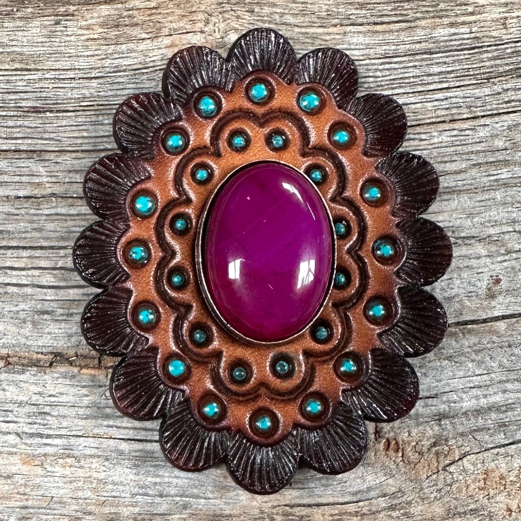 Fuchsia Cabochon Stone - Leather Rosette Options — view 3