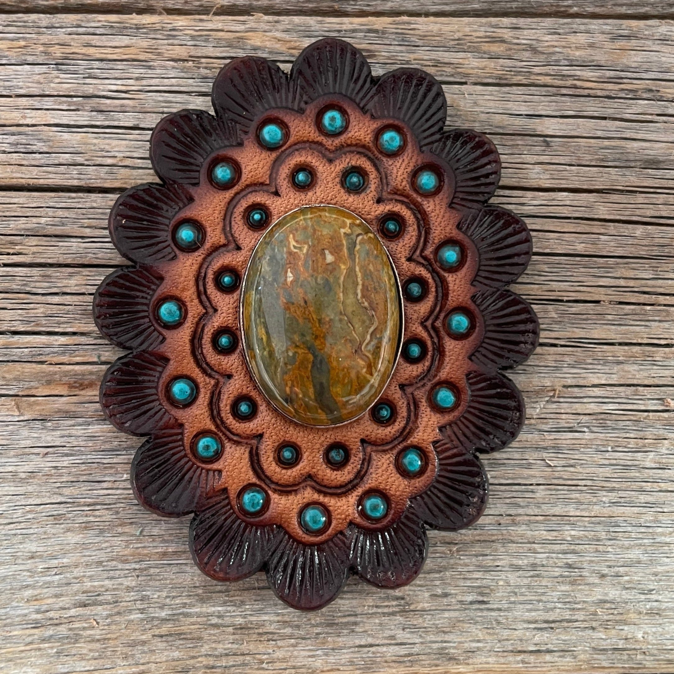 Sage Cabochon Stone - Leather Rosette Options - — view 3