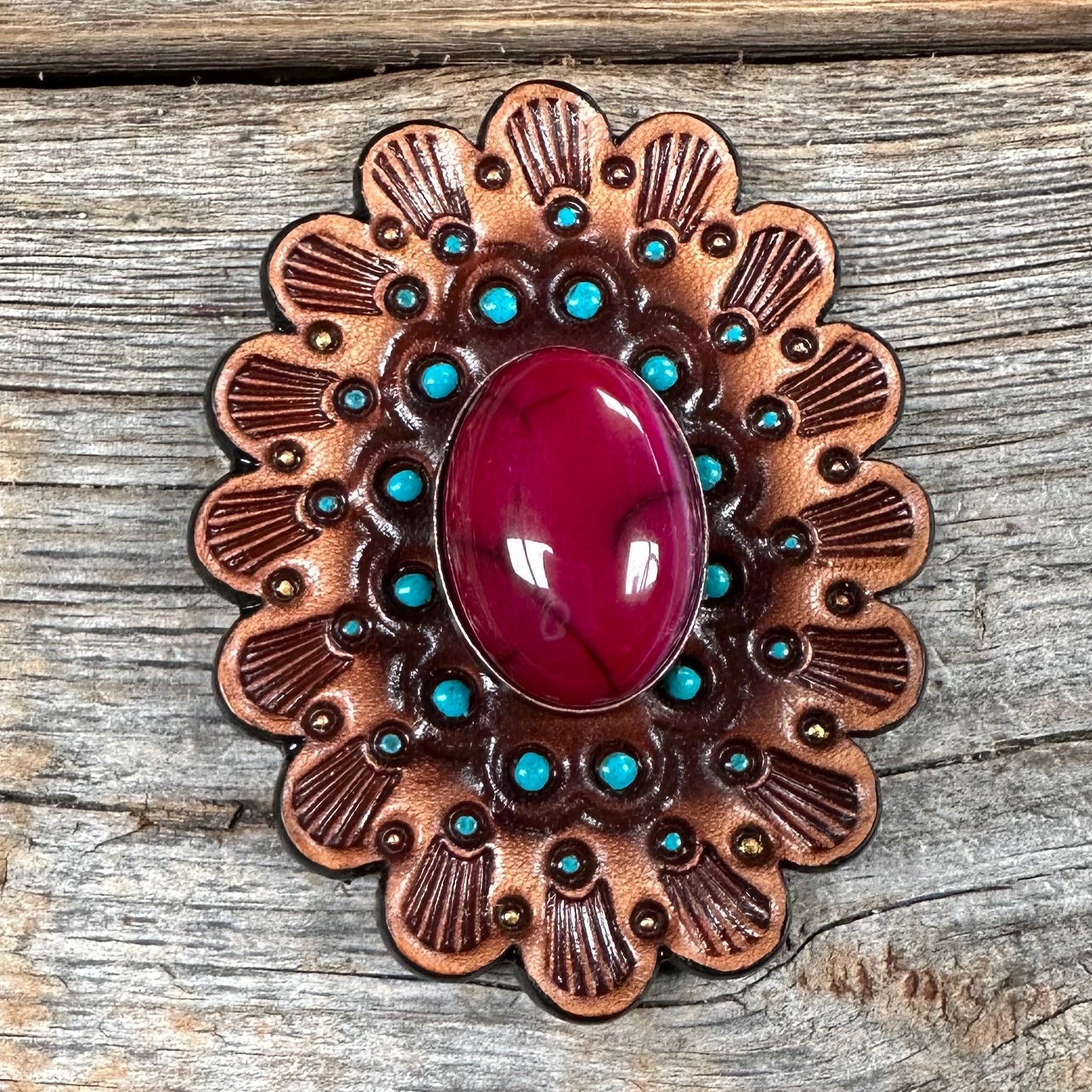 Fuchsia Cabochon Stone - Leather Rosette Options — view 4