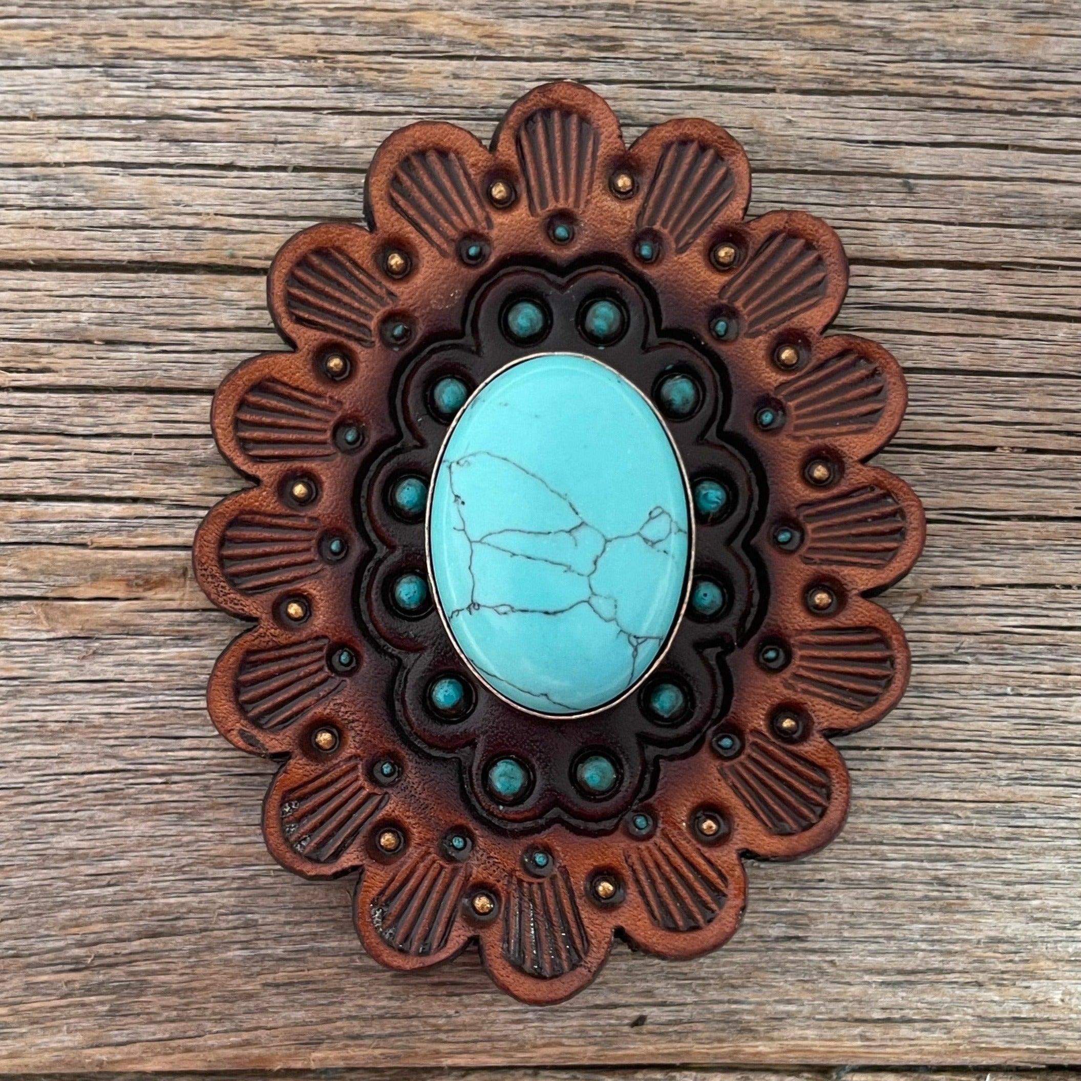 Leather Rosette Medium Oil Edges with Turquoise Cabochon Western Concho R107CABTQ