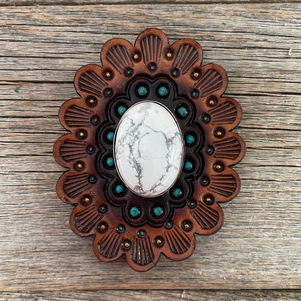 White Cabochon Stone - Leather Rosette Options - — view 3