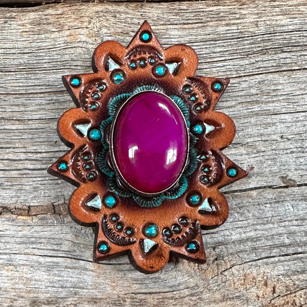 Fuchsia Cabochon Stone - Leather Rosette Options — view 5