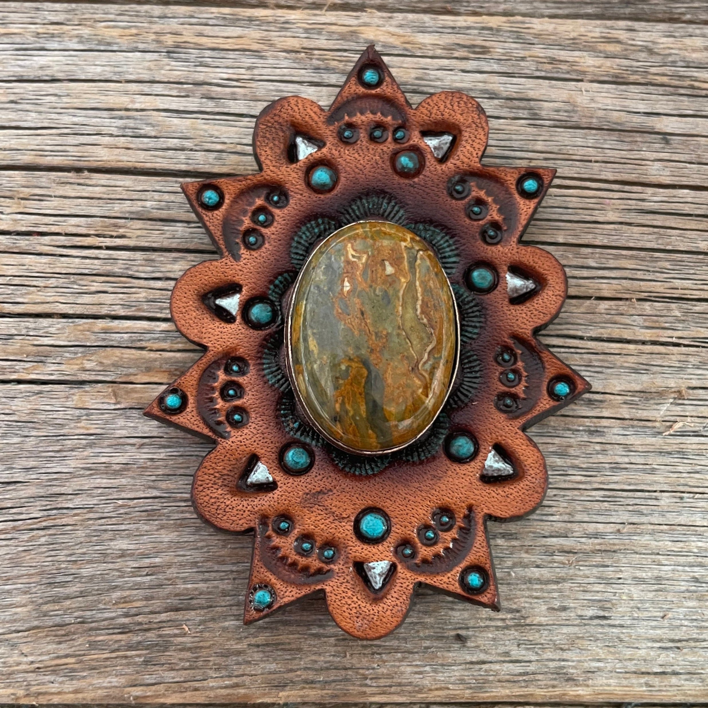 Sage Cabochon Stone - Leather Rosette Options - — view 5