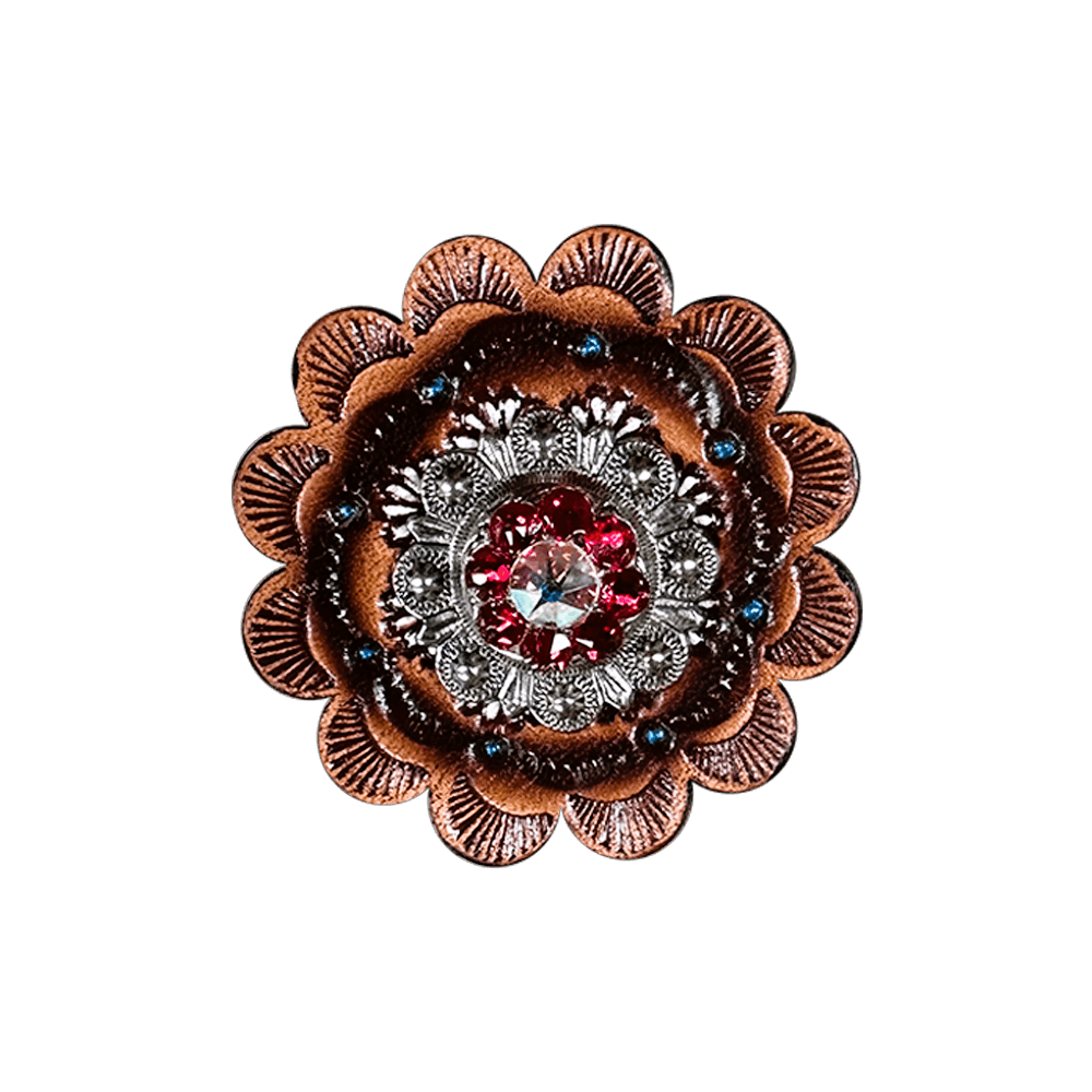 Red & AB Antique Silver 1" European Crystal Concho and Leather Rosette