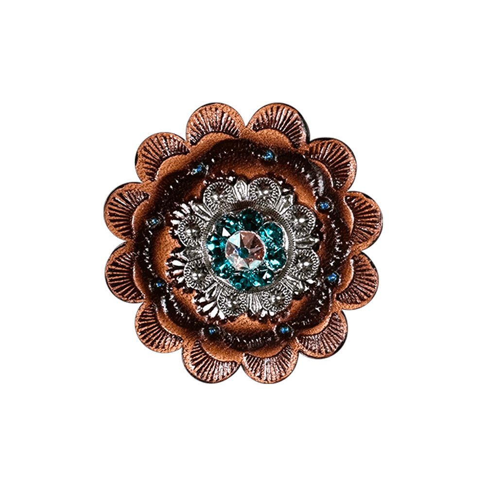 Teal & AB Antique Silver 1" European Crystal Concho and Leather Rosette