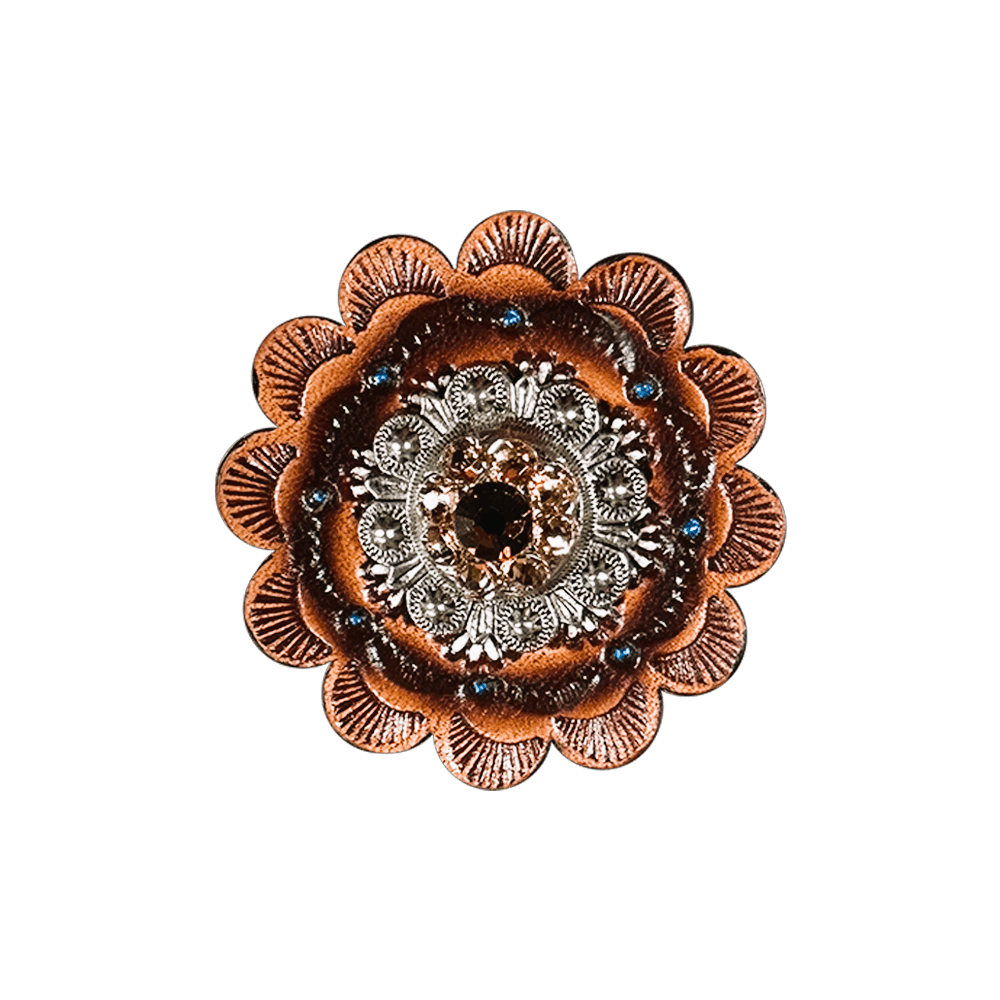Topaz & Champagne Antique Silver 1" European Crystal Concho and Leather Rosette