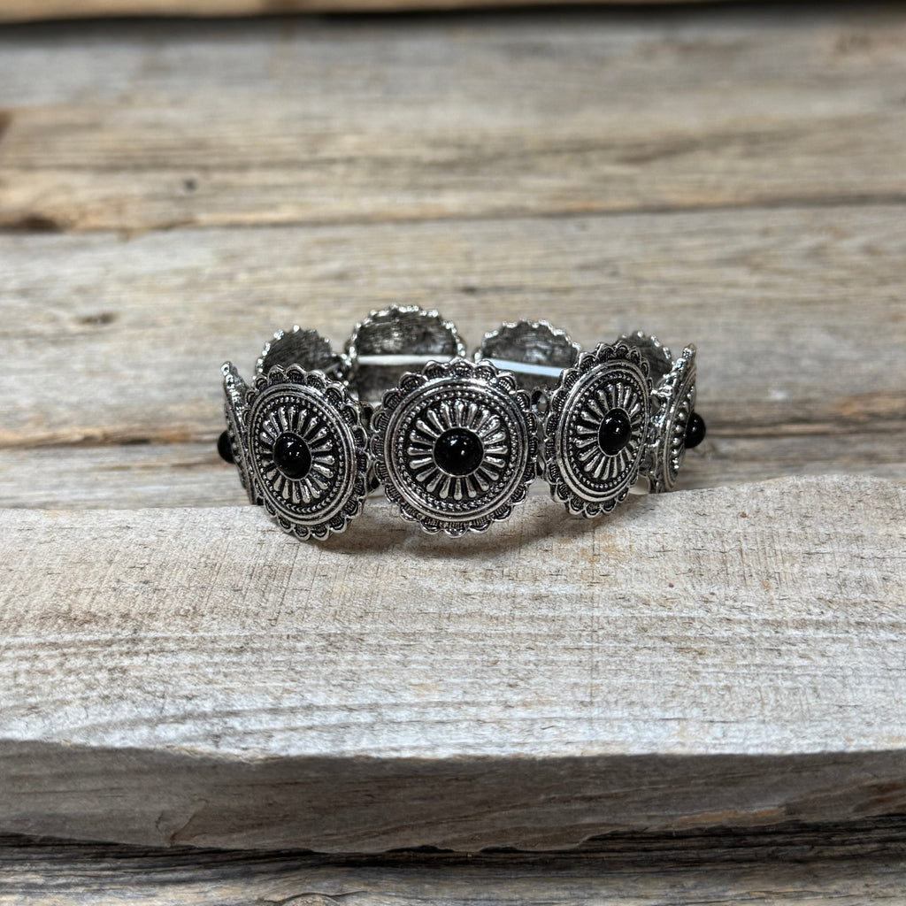 Rustic Silver Concho Style Fashion Bracelets  -  Black