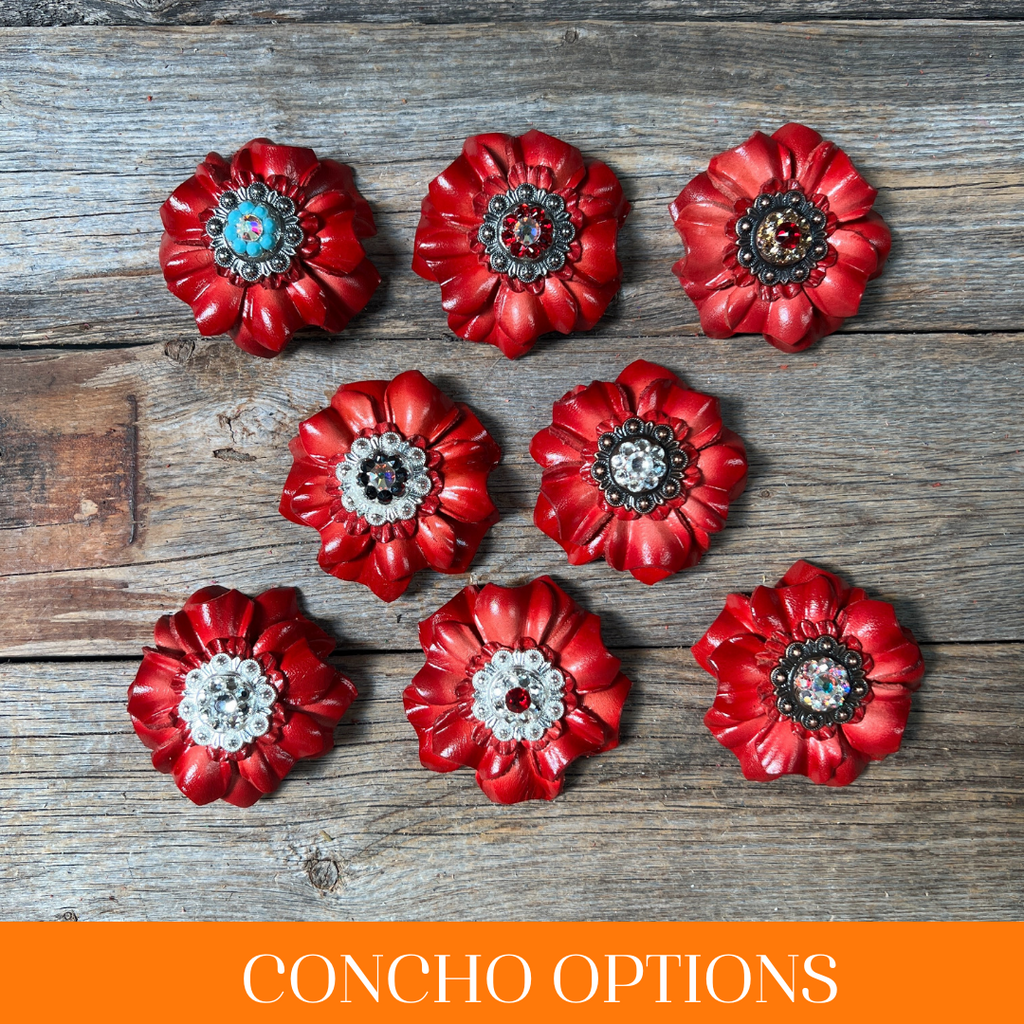 Red Carnations Leather Flowers - 1" Crystal Conchos - Options