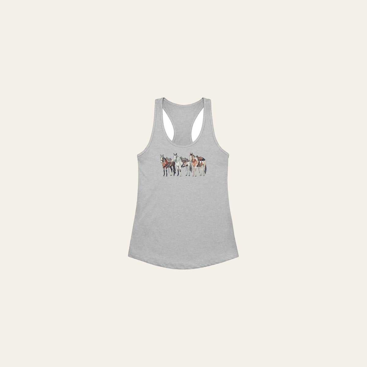 Ranch Horse Trio Women’s Fitted Racerback Tank Top on a warm cream background