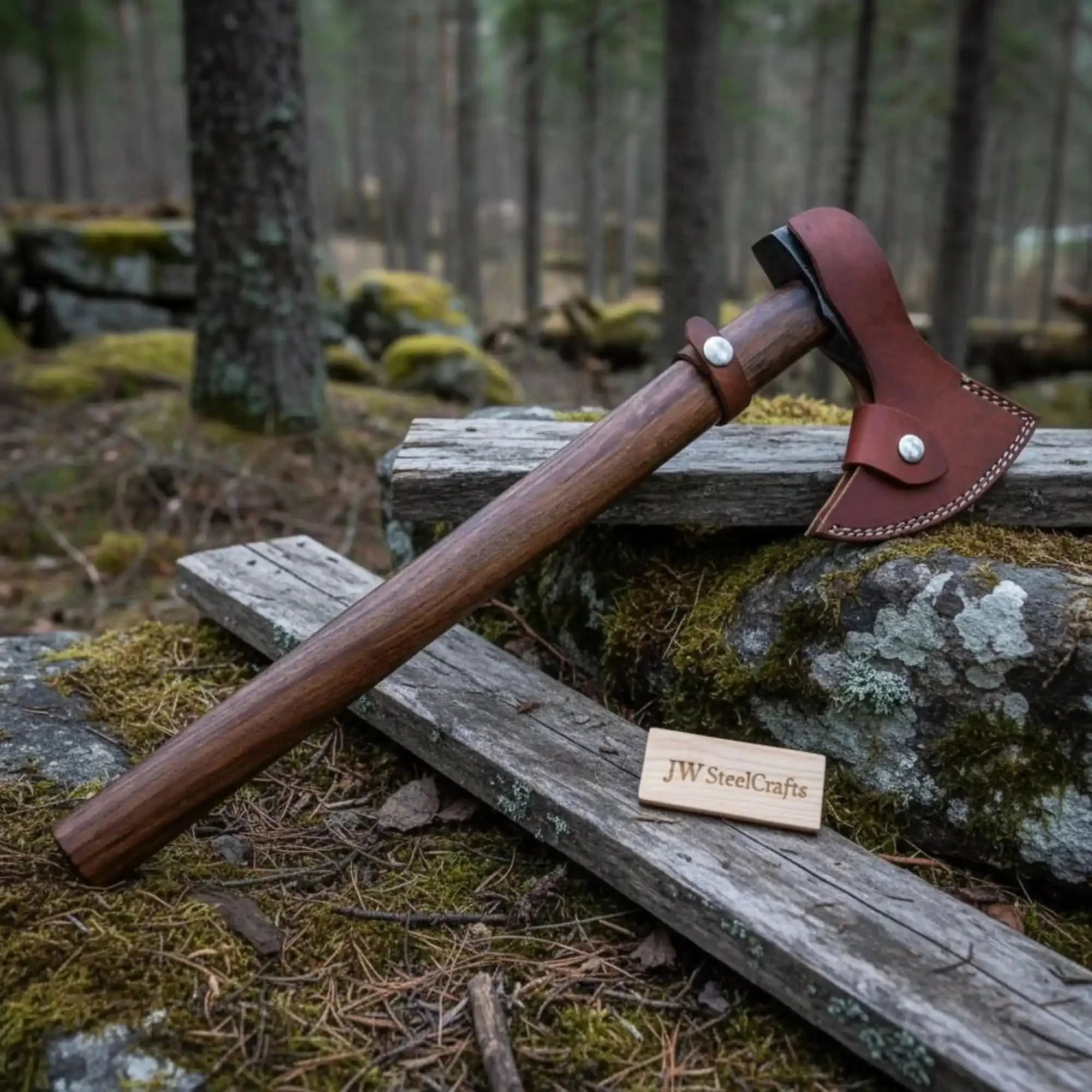 Damascus Long Handle Camp Axe with Forged Bearded Head