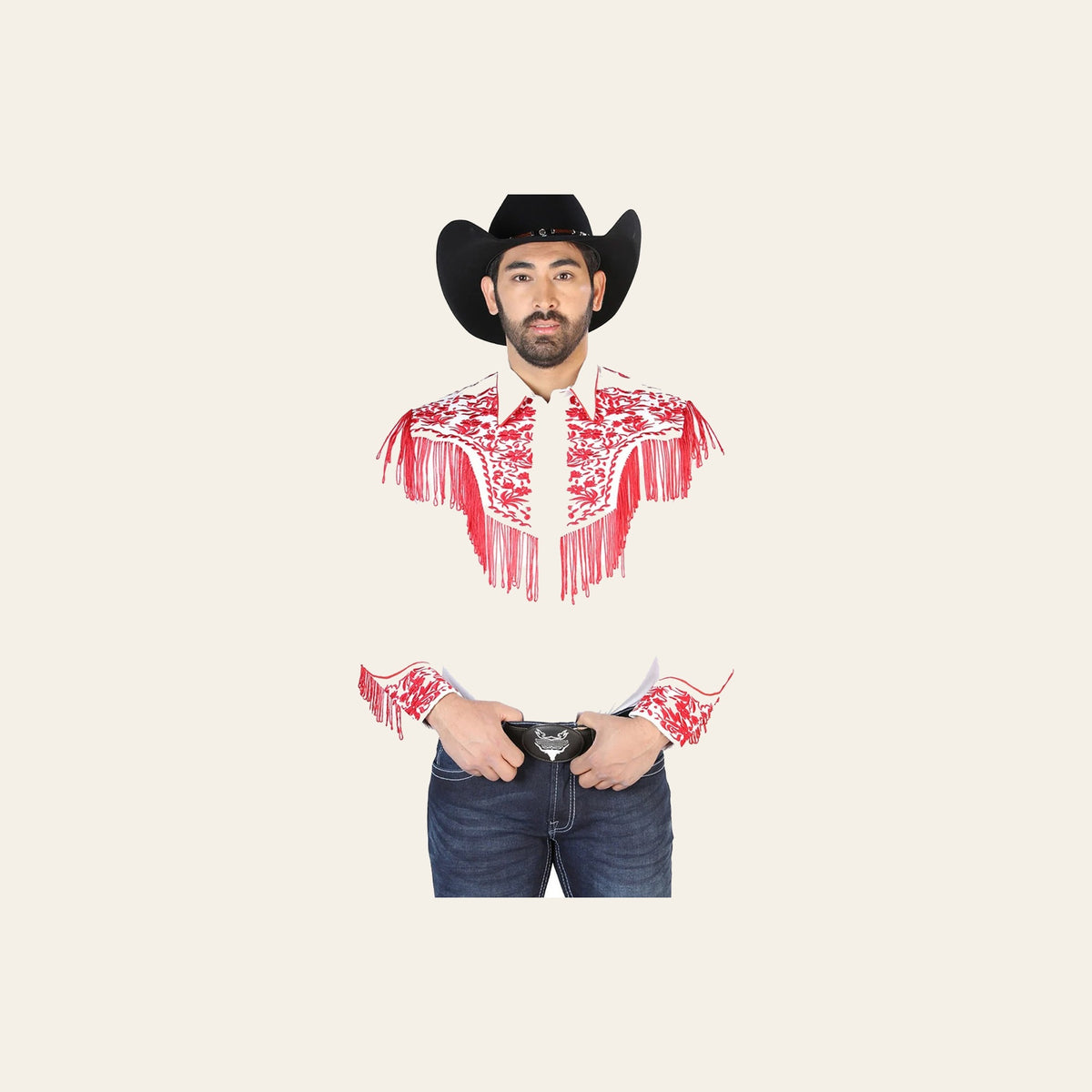 El Señor de los Cielos Embroidery Shirt White/Red 126708 on a warm cream background