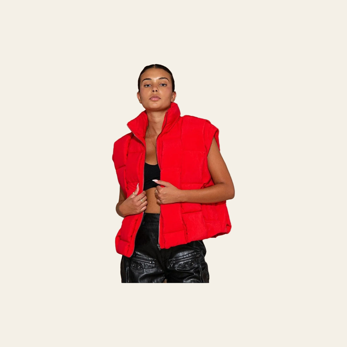 Red Oversized Puffer | Vest on a warm cream background
