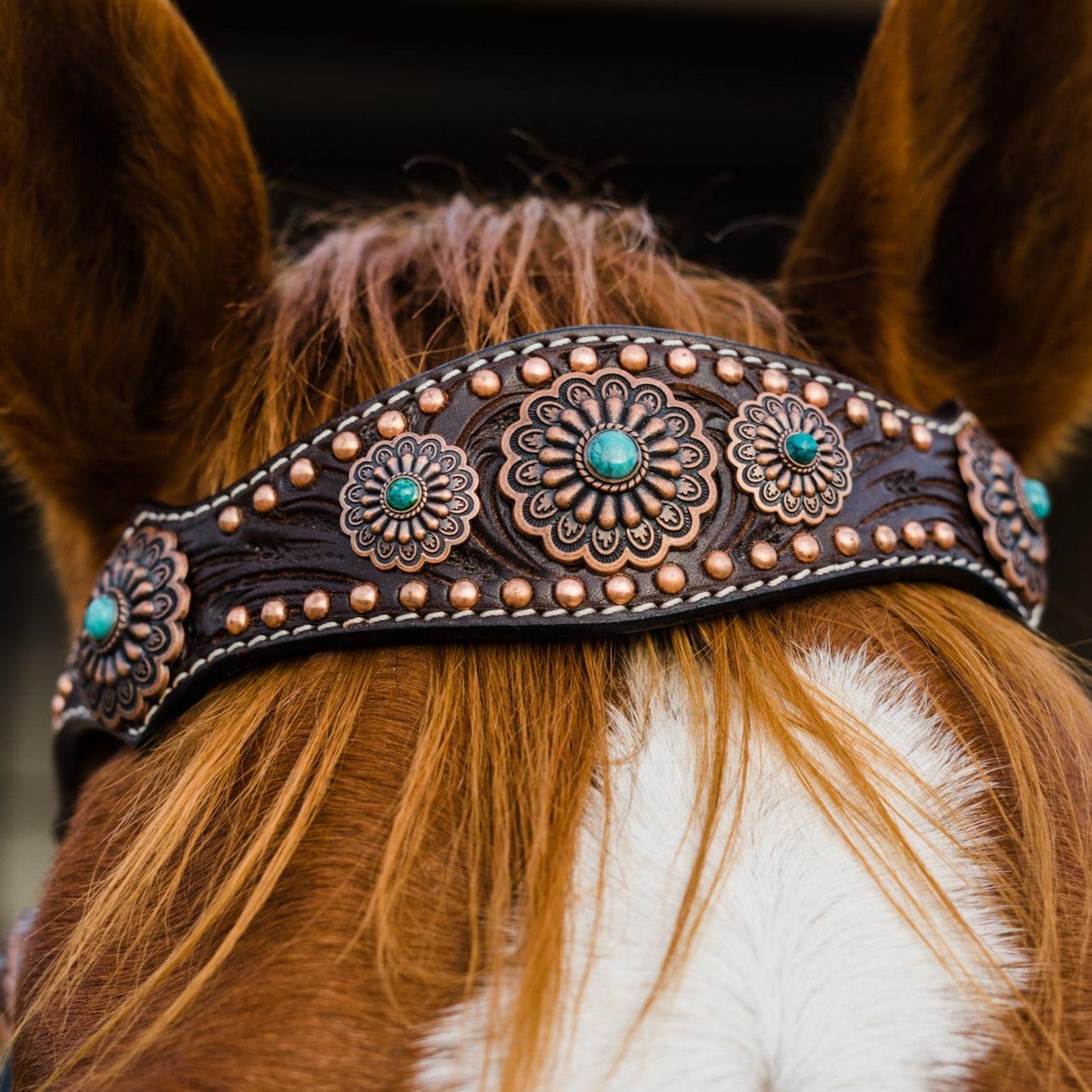 Dark Oil Copper Dot Floral with Turquoise Browband/One Ear Tack Set #BBBC476 — view 10