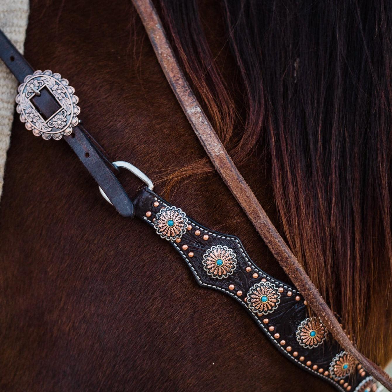 Dark Oil Floral Copper Dot & Turquoise Browband Headstall / Breastcollar Tack Set #BBBC535 — view 4