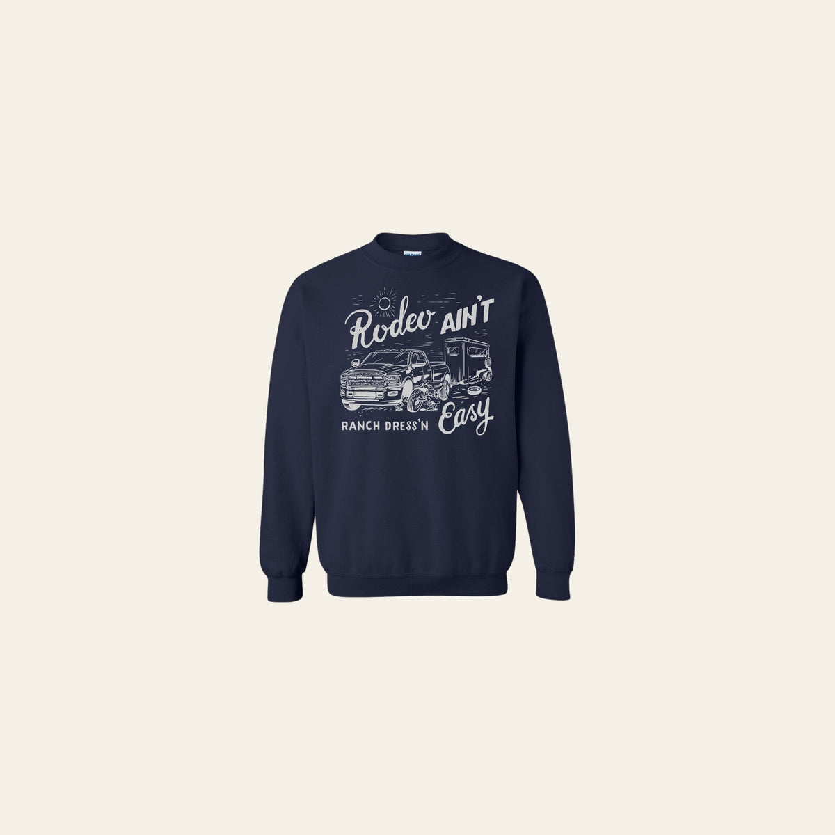 Rodeo Ain't Easy Navy Crewneck on a warm cream background