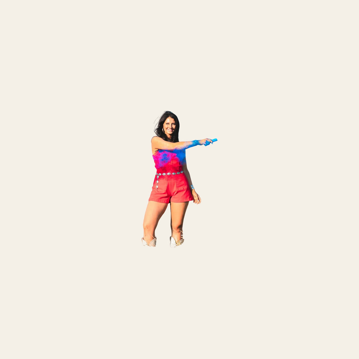 Rodeo Nights Red Denim | Romper on a warm cream background