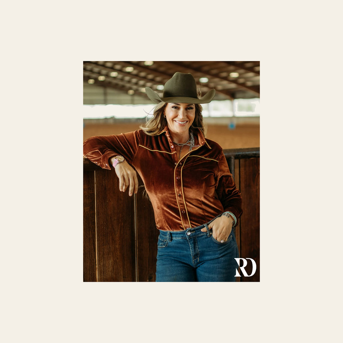 Rust Velvet Performance Rodeo Shirt on a warm cream background