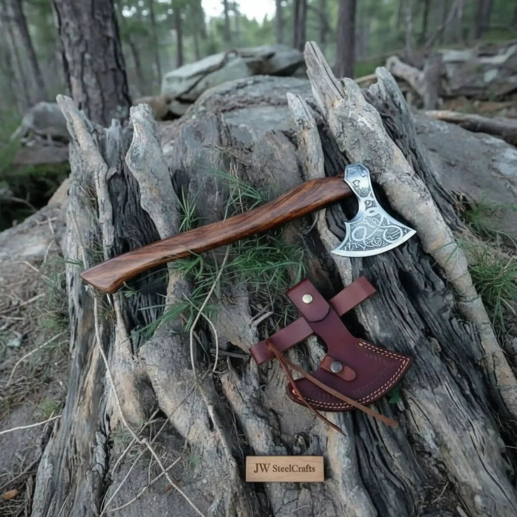 Viking Celtic Knot Hatchet with Full Cheek Knotwork Engraving