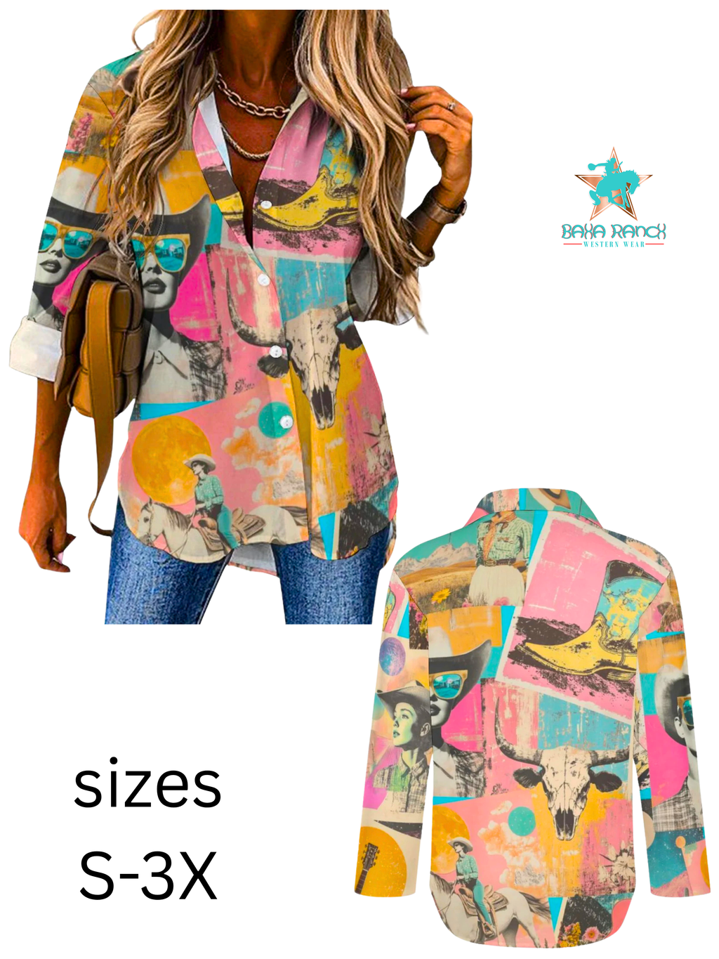 Baha Ranch Pop Western Retro Cowgirl Collage Button Up Blouse by Baha Ranch Western Wear - product image 3