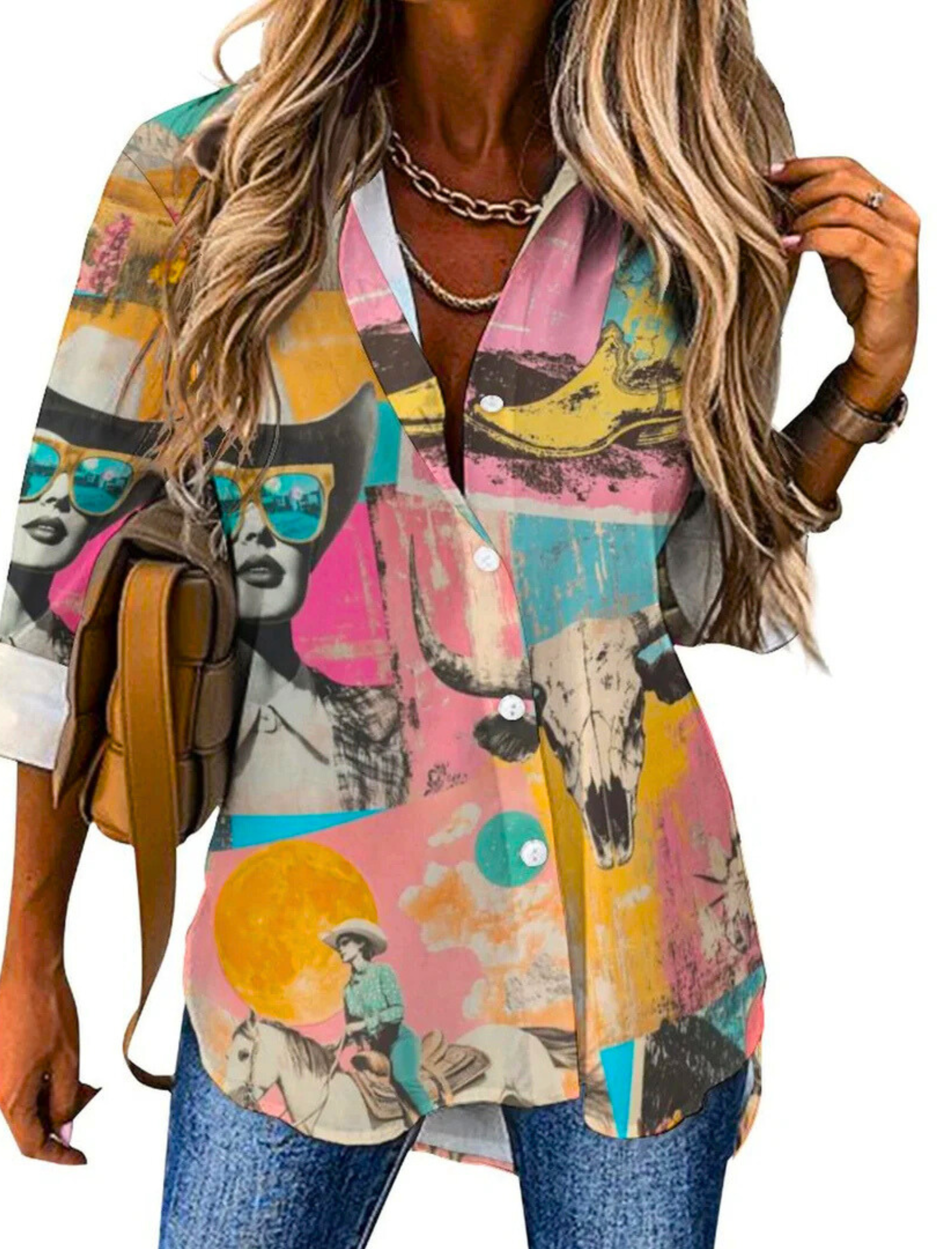 Baha Ranch Pop Western Retro Cowgirl Collage Button Up Blouse by Baha Ranch Western Wear - product image 4