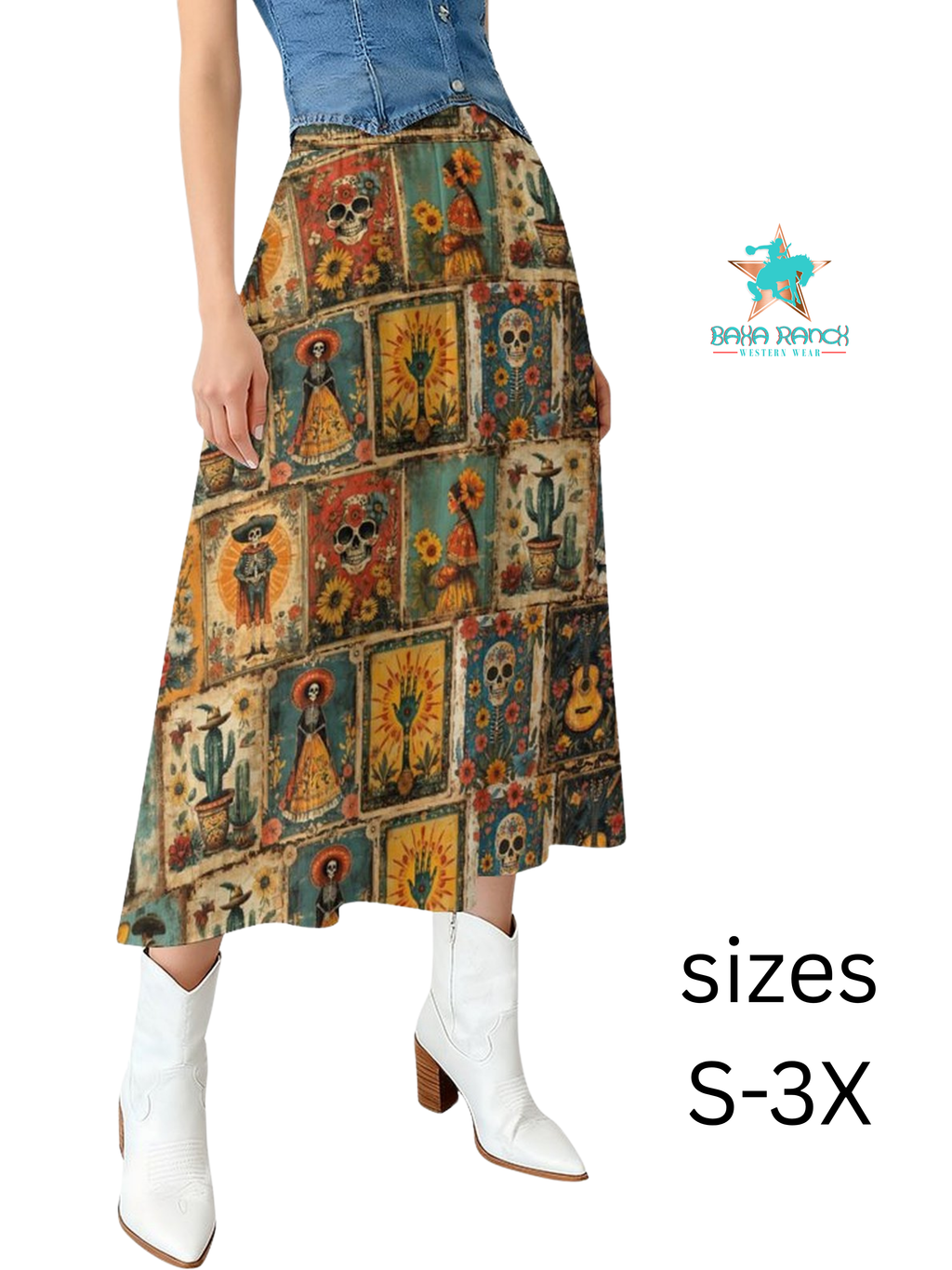 Baha Ranch Colores de Mexico Dia de los Muertos Midi Skirt by Baha Ranch Western Wear