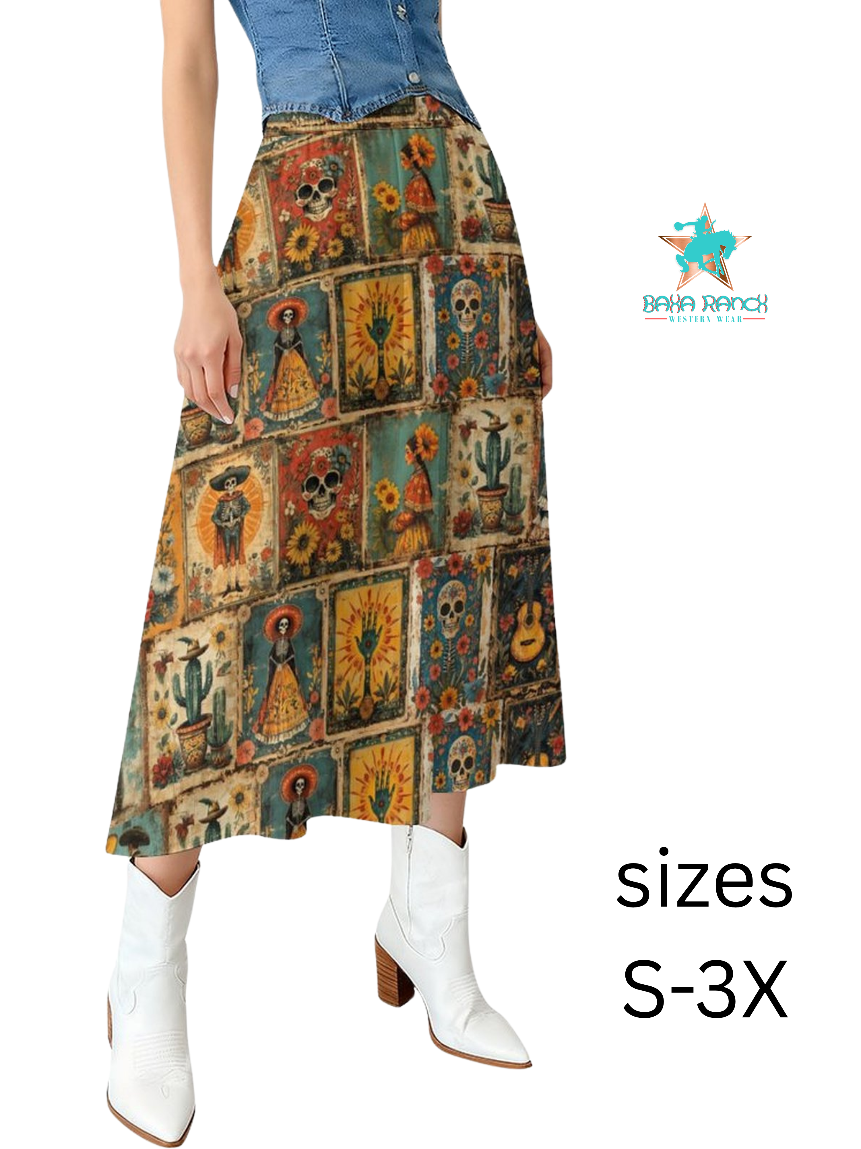 Baha Ranch Colores de Mexico Dia de los Muertos Midi Skirt by Baha Ranch Western Wear
