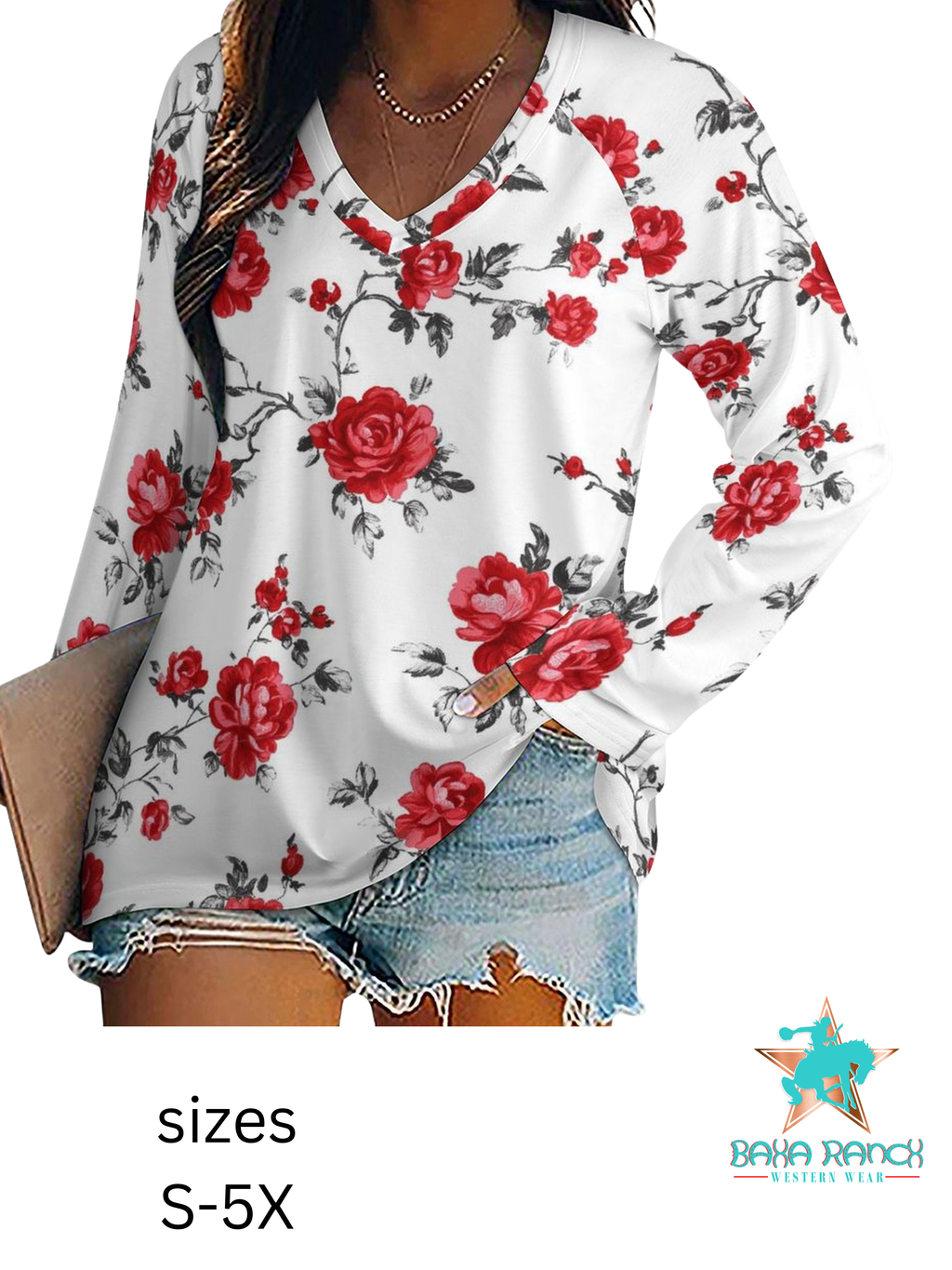 Baha Ranch Colores de Mexico Red Rose Floral Long Sleeve Top by Baha Ranch Western Wear