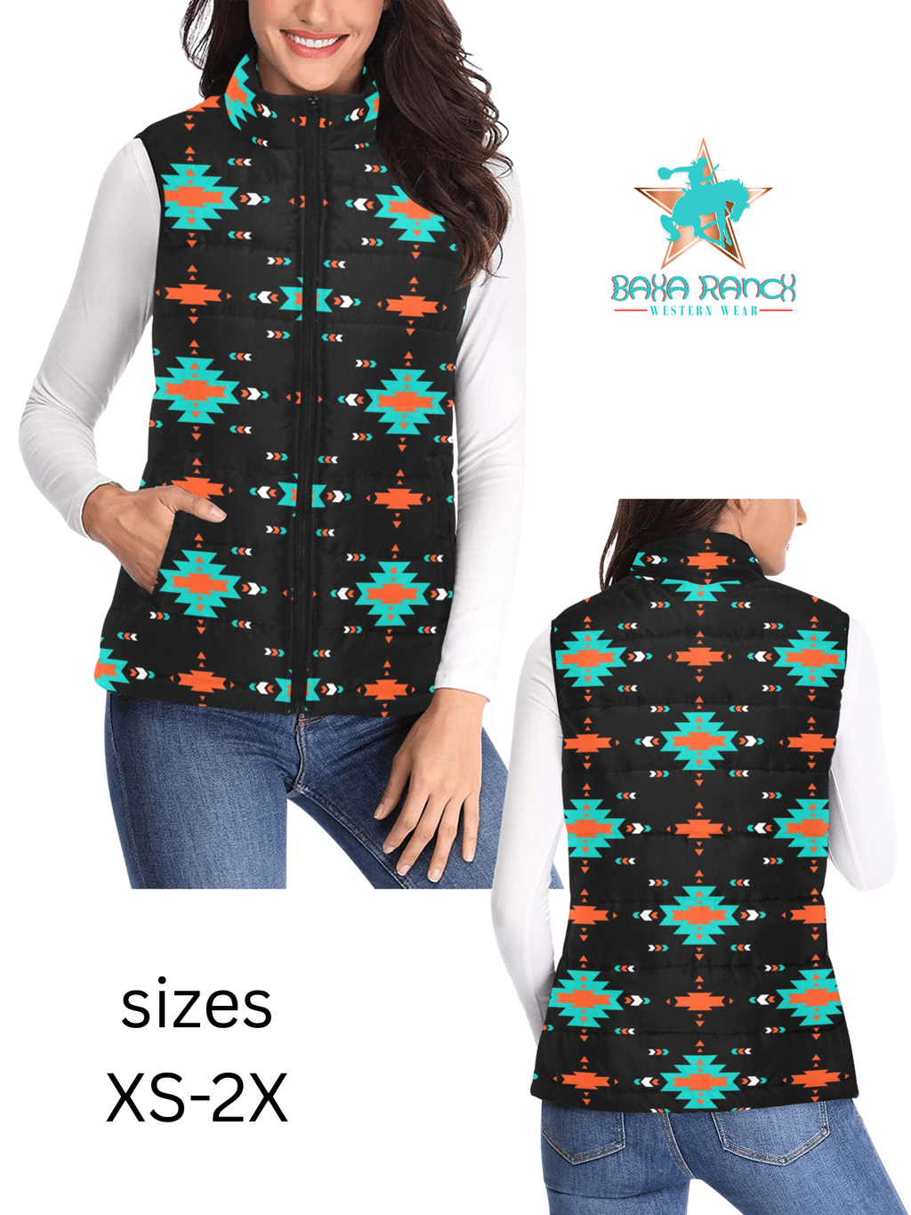 Baha Ranch Turquoise Orange Aztec Women's Western Puffy Vest by Baha Ranch Western Wear