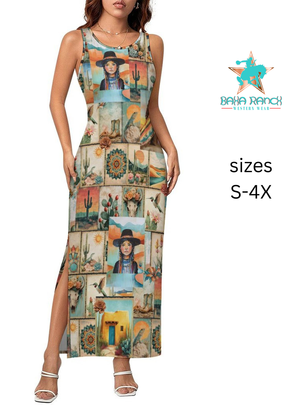 Baha Ranch Colores de Mexico Pictures of the Southwest Sleeveless Bodycon Side Slit Long Dress by Baha Ranch Western Wear...