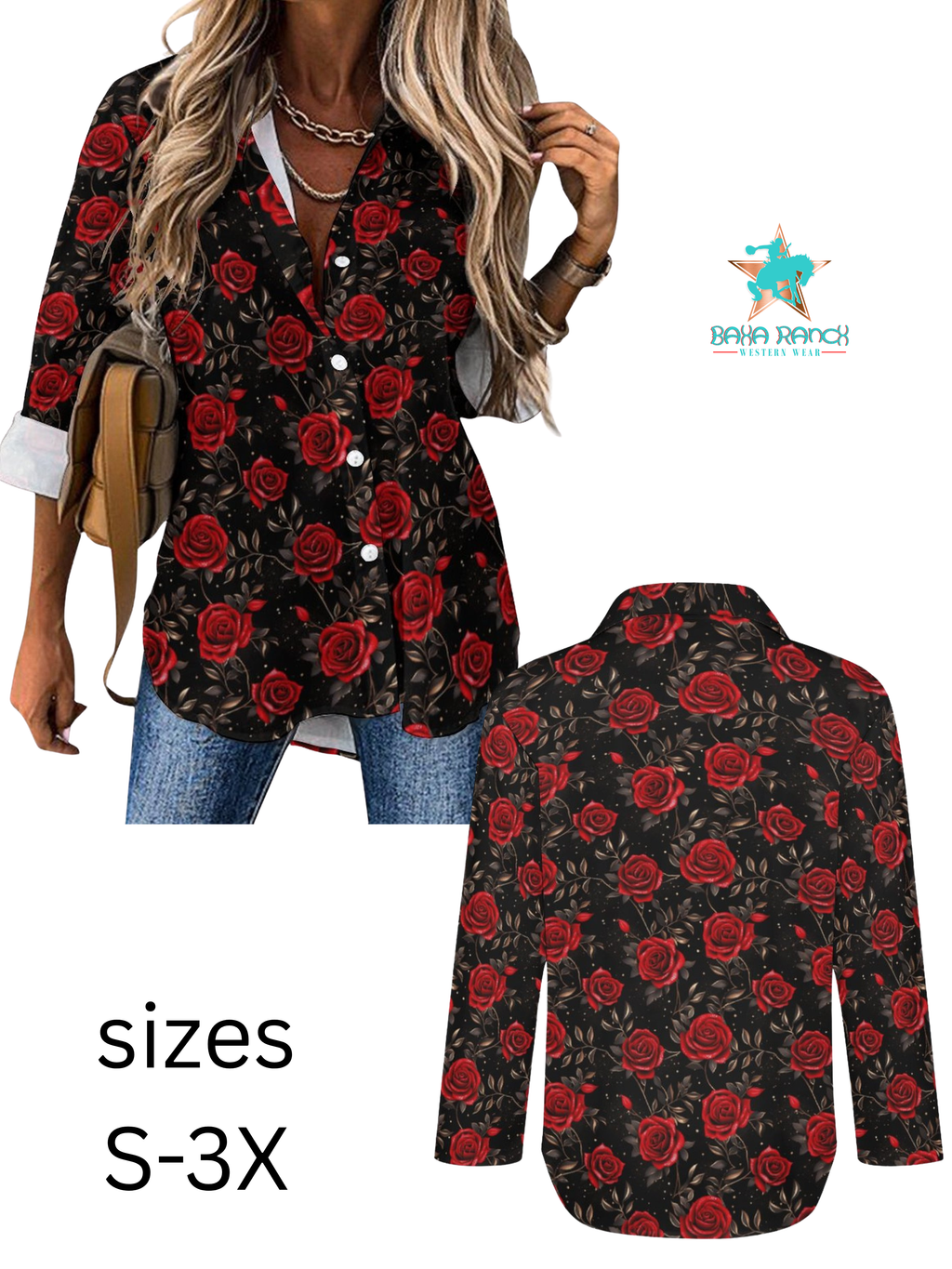 Colores De Mexico Romantic Red Roses Button Up Blouse by Baha Ranch Western Wear