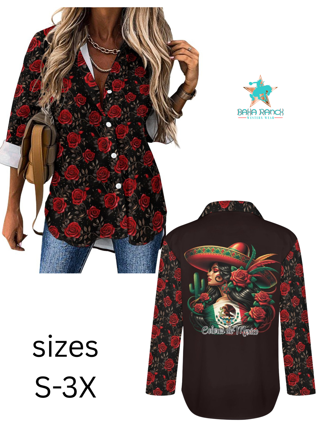 Baha Ranch Colores De Mexico Rose Floral Button Up Blouse by Baha Ranch Western Wear