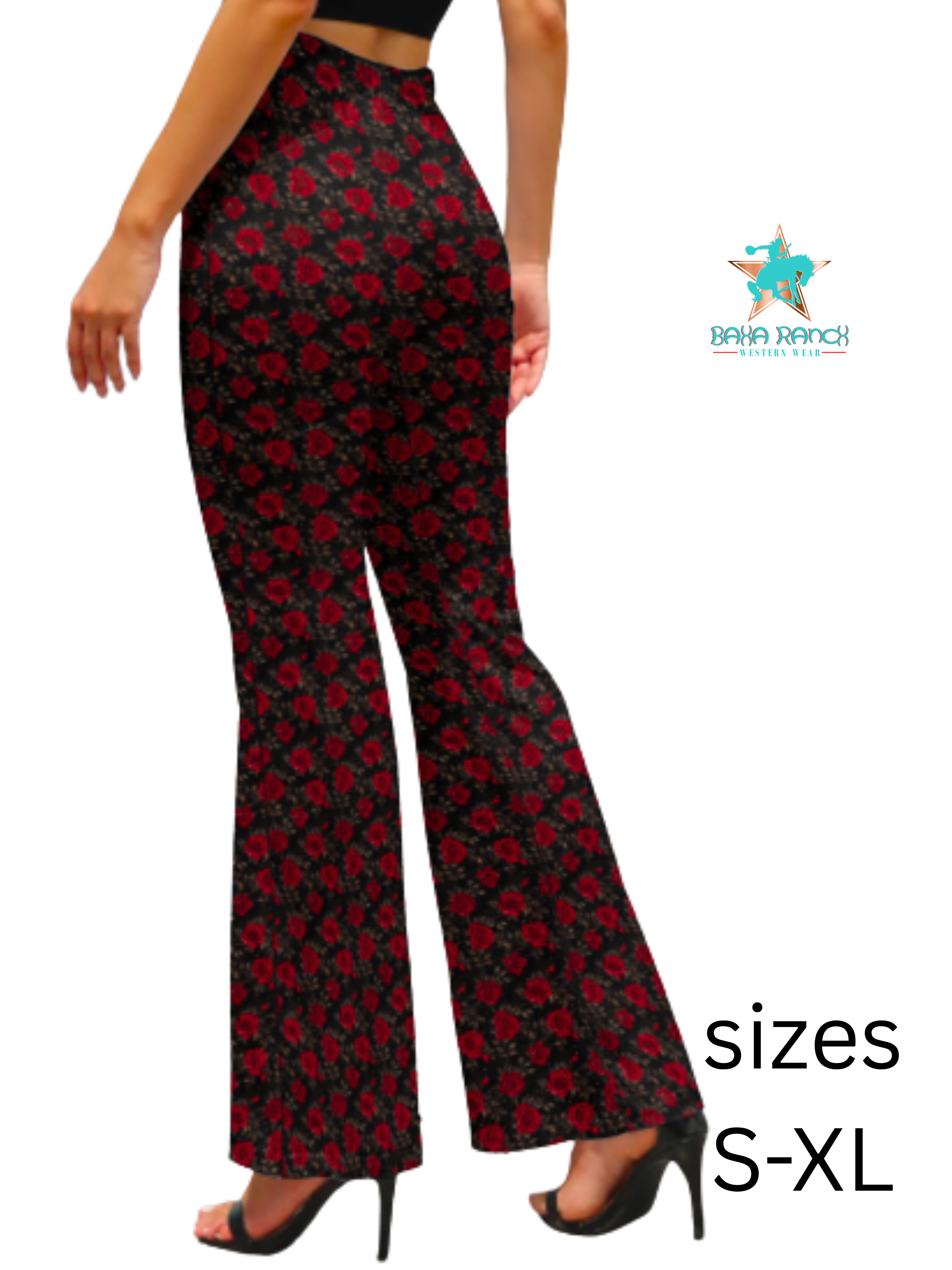 Baha Ranch Colores de Mexico Romantic Red Roses Flare Pants by Baha Ranch Western Wear