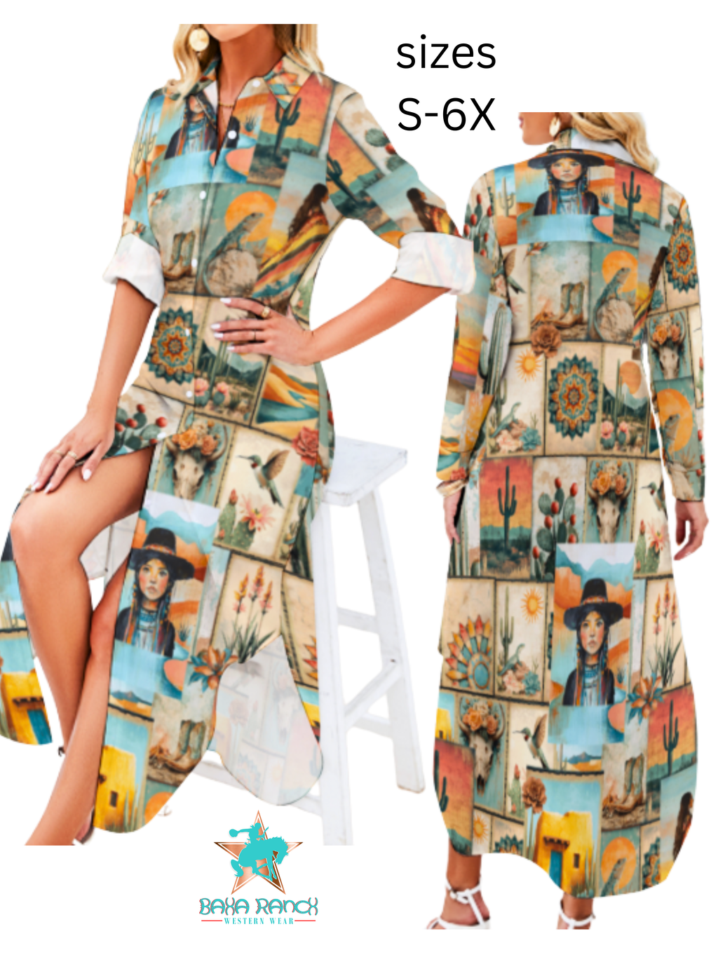 Baha Ranch Colores de Mexico Pictures of the Southwest Button-Up Long Sleeve Shirt Dress Duster by Baha Ranch Western...