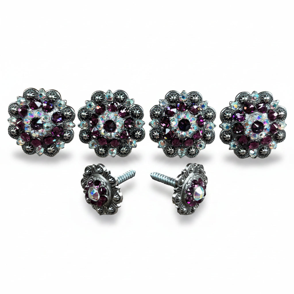 Antique Silver Amethyst - AB Crystal Conchos | Sizes 1"- 3" | Buckles | Saddle Set | Leather Rosettes | Slide — view 11