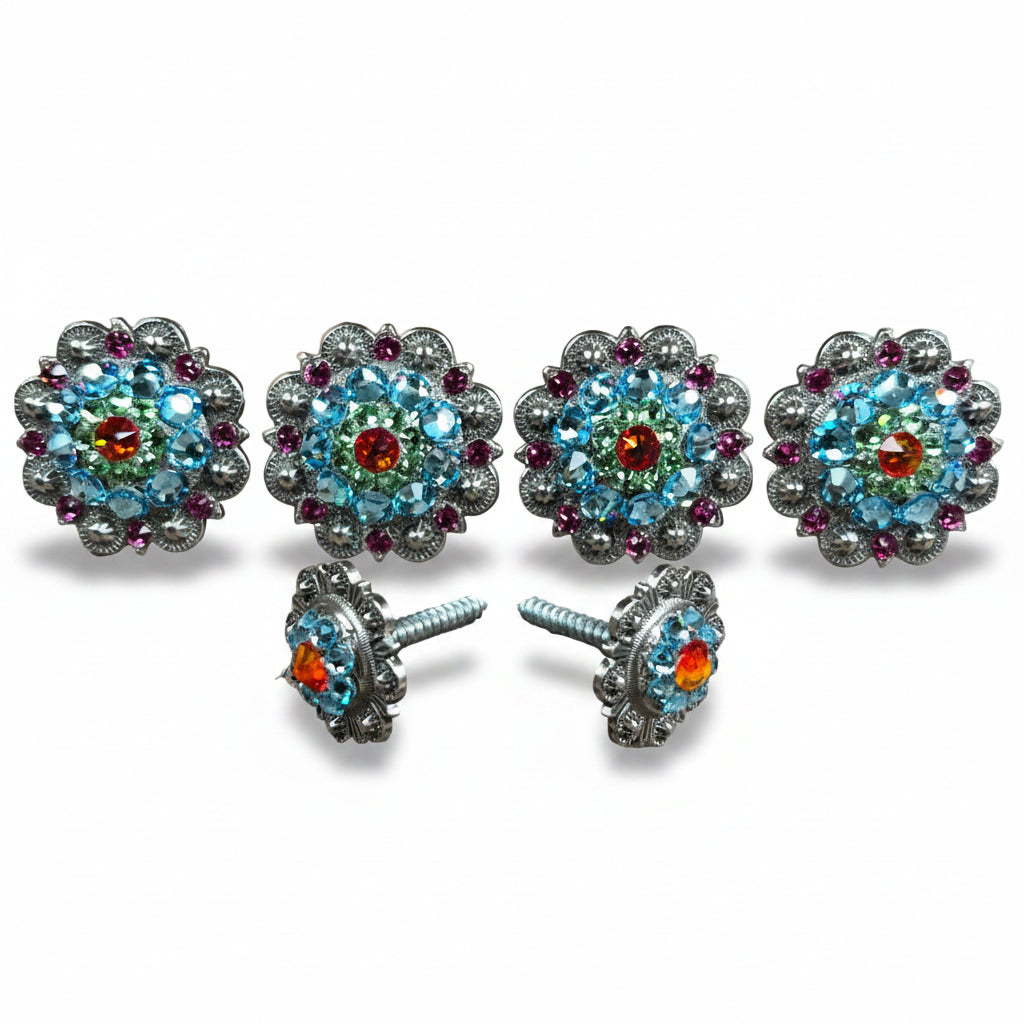 Antique Silver Tie Dye Crystal Conchos | Sizes 1"- 3" | Buckles | Saddle Set | Leather Rosettes | Slide — view 11