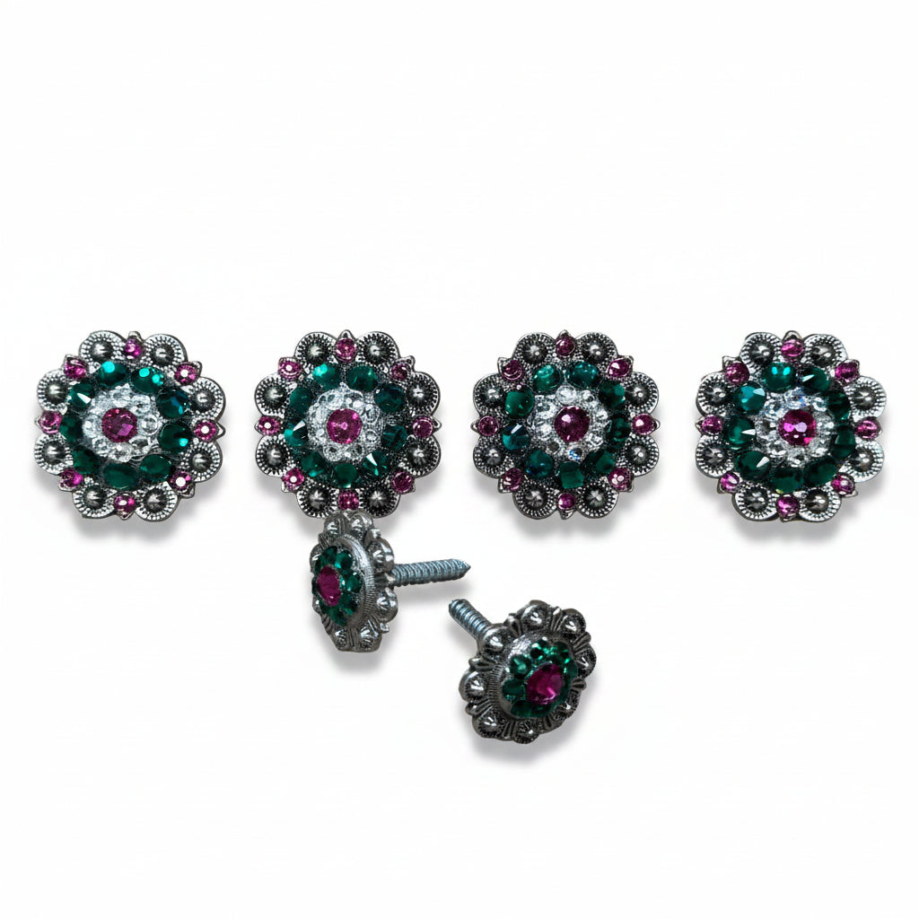 Antique Silver Fuchsia - Clear - Emerald Crystal Conchos | Sizes 1"- 3" | Buckles | Saddle Set | Leather Rosettes | Slide