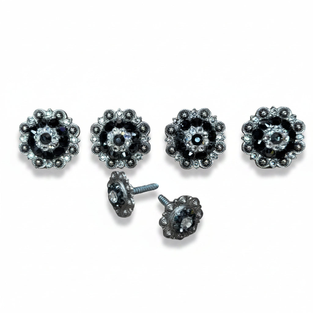 Antique Silver Jet - Clear Crystal Conchos | Sizes 1"- 3" | Buckles | Saddle Set | Leather Rosettes | Slide — view 11