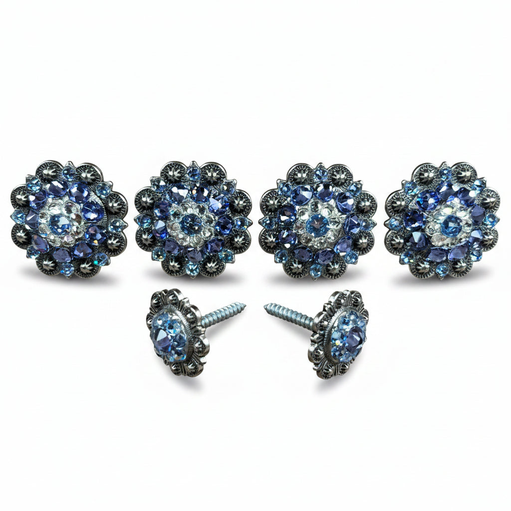 Antique Silver Light Sapphire - Clear - Lilac Crystal Conchos | Sizes 1"- 3" | Buckles | Saddle Set | Leather Rosettes